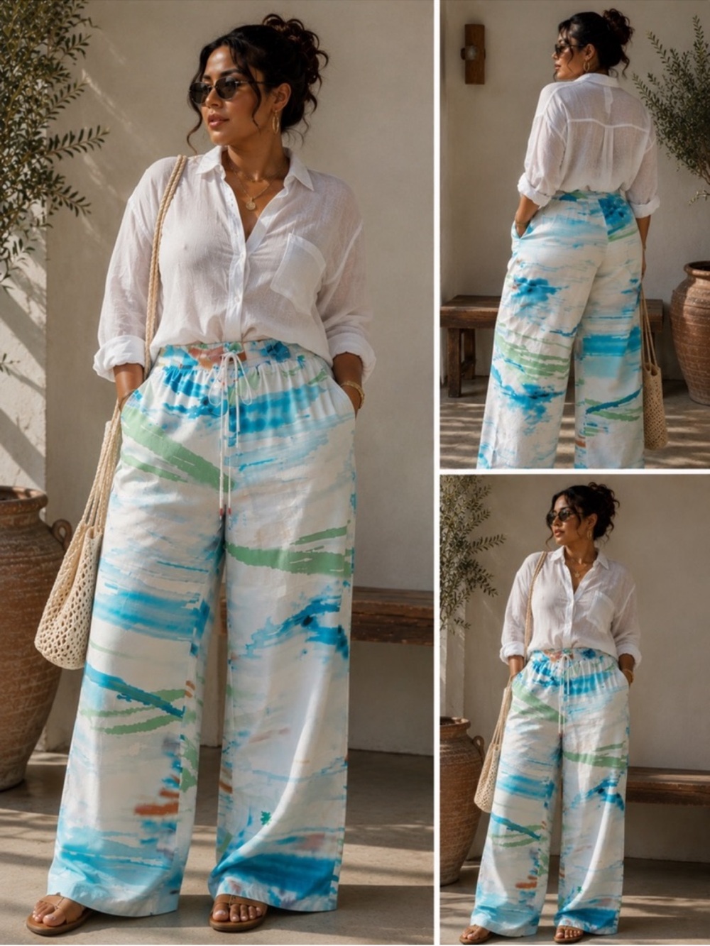 Wide-Leg Printed Lounge Pants - Blue & Green